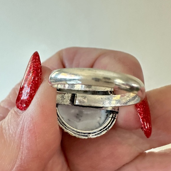 💕 Dendritic agate round gray silver overlay gemstone ring stamped 925 adjustable - Picture 3 of 7